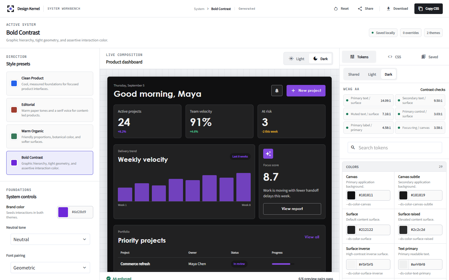 Design Kernel workbench showing live tokens and a product dashboard preview.