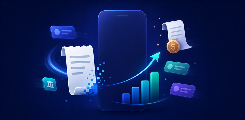 TrackPal Mobile finance app themed background.