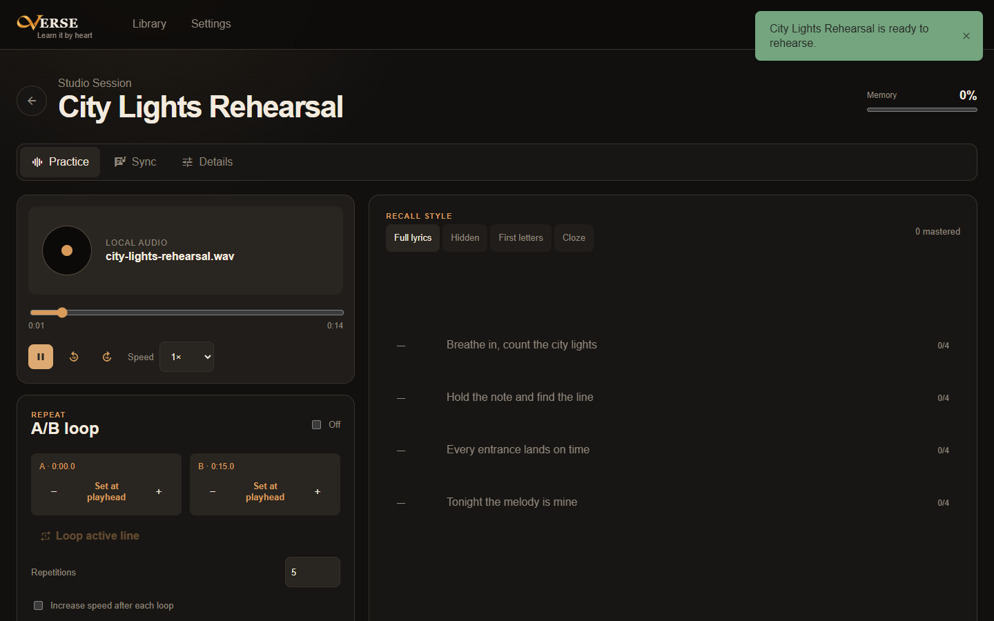Verse lyric rehearsal workspace with local audio, timing, and recall practice.